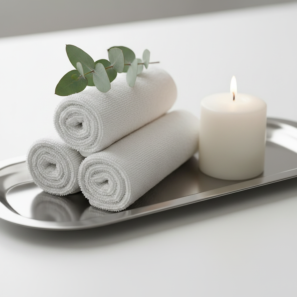 Rolled white towels and a candle creating relaxing environment for safe mobile iv treatments
