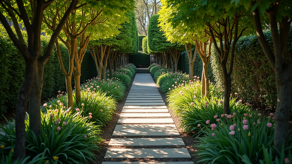 High angle view of a garden with accent lighting on trees and flower beds