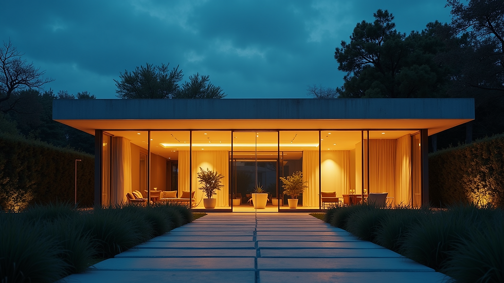Eye-level view of modern building facade illuminated with warm lights