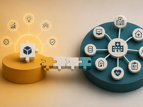 Illustration showing a health technology supplier connected to a wider NHS interoperability ecosystem. A supplier product is represented by a puzzle-piece block on an amber platform, with surrounding icons representing innovation, growth, security and collaboration. Interlocking puzzle pieces connect the supplier to a larger teal healthcare network containing hospitals, community services, clinical systems, data platforms and population health resources. The image symbolises suppliers accessing interoperability capabilities without needing to build every supporting component themselves.
