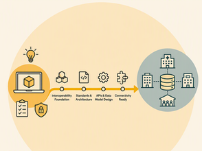 Conceptual illustration showing a health technology supplier preparing for future NHS interoperability. An amber-coloured supplier platform is positioned on the left, with symbols representing planning, security and product development. A structured pathway leads towards a connected healthcare ecosystem on the right, passing through milestones representing interoperability foundations, architecture, data design and connectivity readiness. The image illustrates how considering interoperability early in a product's development can create a clearer path to future NHS integration, information sharing and adoption.
