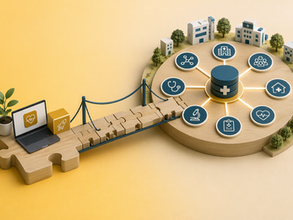 Illustration showing a small health technology supplier connecting into a wider NHS interoperability ecosystem. A laptop and product icon sit on a small platform linked by a puzzle-piece bridge to a larger healthcare network containing hospitals, community services, clinical systems and shared data resources. The scene uses amber and teal colours to represent the journey from a supplier product to connected NHS services.