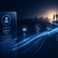 Glowing healthcare app icons lead a couple holding hands along blue light trails toward a sunset skyline.