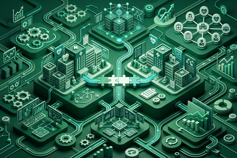 Conceptual illustration showing two healthcare systems connected by a successful technical interface while a larger surrounding ecosystem represents collaboration, information access, workflow improvement, decision support and service delivery outcomes. Green information pathways extend beyond the connection itself into a complex healthcare environment, illustrating that interoperability is ultimately about solving real-world problems rather than simply connecting systems.