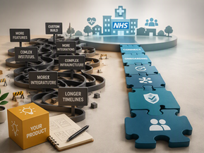 Illustration showing a health technology supplier's product represented by an amber cube connected to a healthcare ecosystem. On the left, a complex maze contains barriers labelled with concepts such as additional features, custom development, more interfaces, complex infrastructure and longer timelines. On the right, a clear puzzle-piece pathway leads directly to an NHS environment, with symbols representing connectivity, onboarding, security and collaboration. The image illustrates how simplifying interoperability and implementation can provide a faster route into the NHS than continually building additional technology.