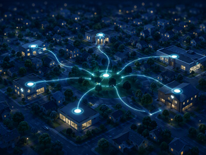 Aerial night view of a town with glowing blue network lines linking homes and public buildings around a central hub.