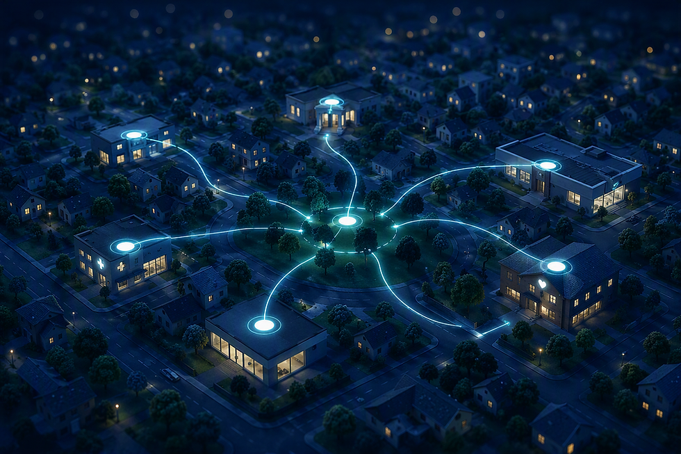Aerial night view of a town with glowing blue network lines linking homes and public buildings around a central hub.