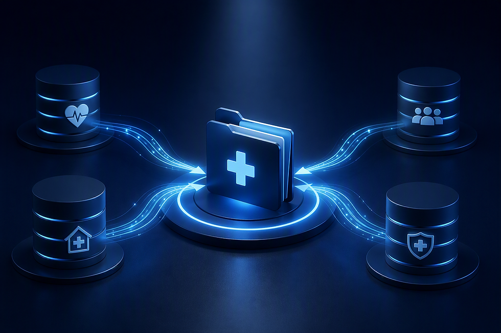 Glowing medical folder connects to four blue database cylinders with health icons, suggesting secure healthcare data sharing.