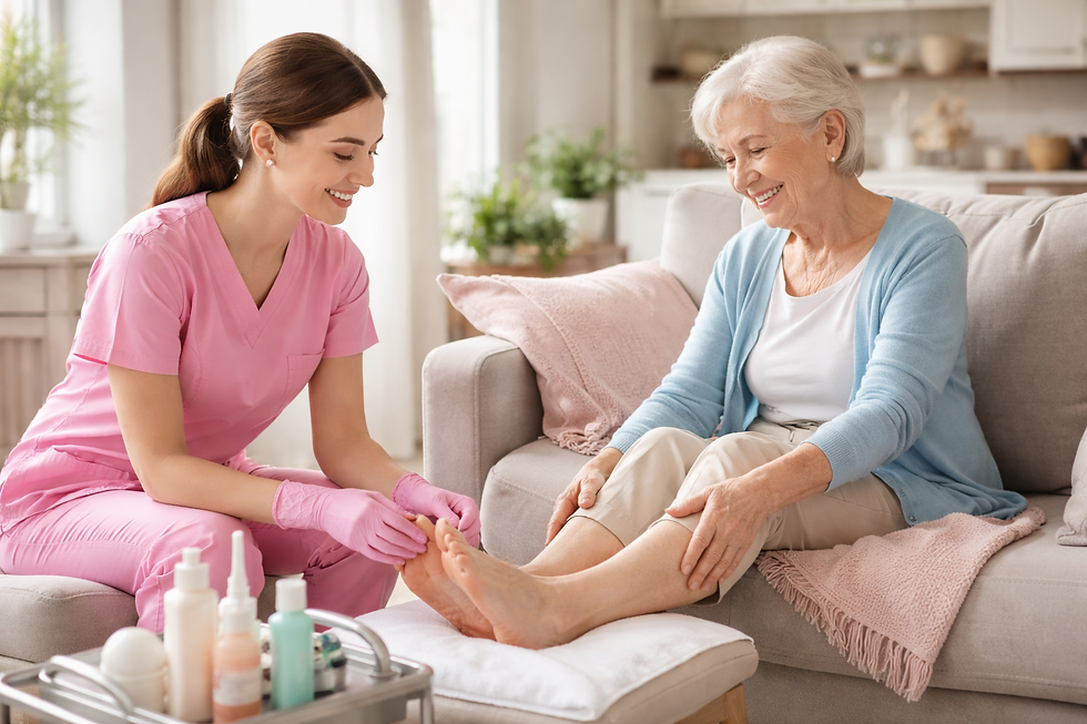 Foot care in a cozy living room