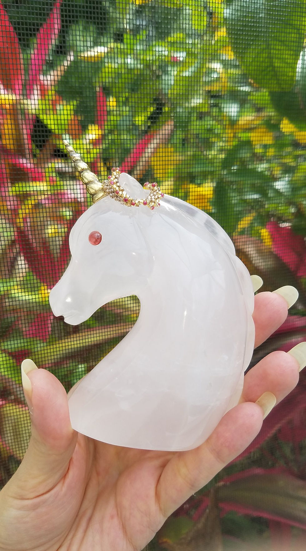 Thumbnail: Unicorn of Pink Girasol  with Garnet Eyes 312g Carved by Leandro