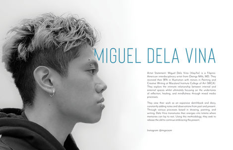 Biography of Miguel Dela Vina, with profile portrait of Miguel in black and white.