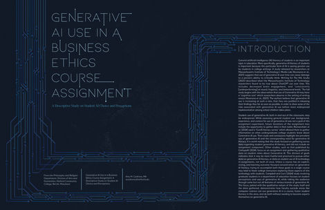 A magazine spread on A.I. use in a business ethics course included in TALES, an academic journal produced by the Community College of Baltimore County in 2025.