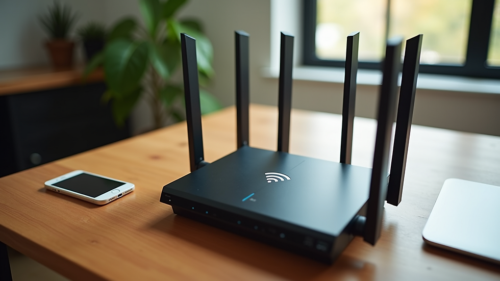 High angle view of a Wi-Fi router placed on a wooden desk