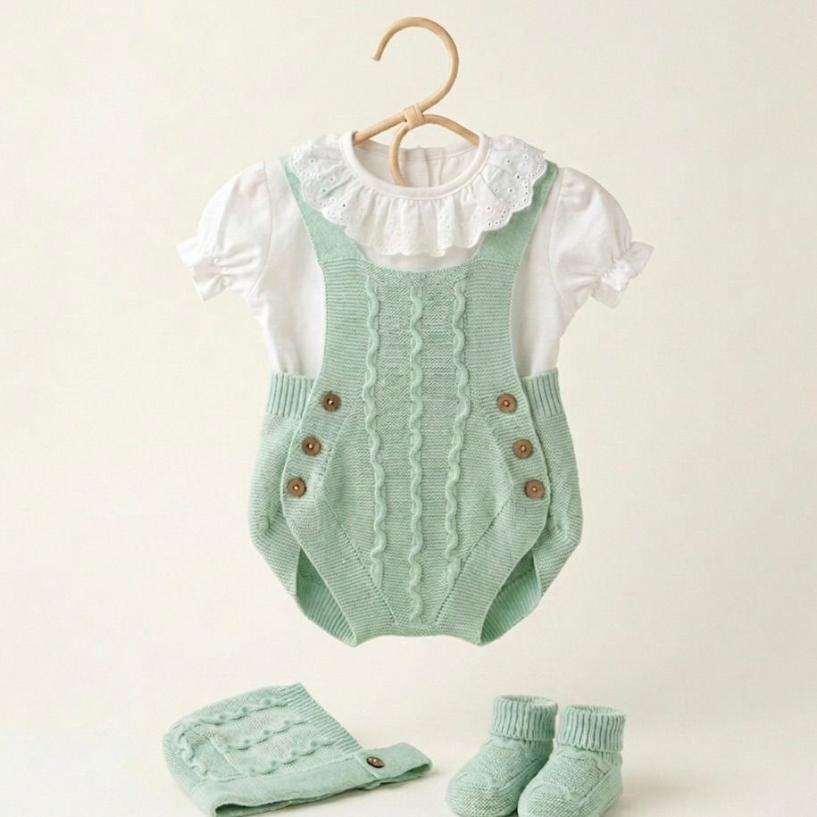Miniatura: Completo in Maglia con Salopette, T-shirt Volant, Cuffietta e Calzine Tiffany
