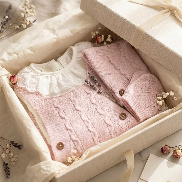 Miniatura: Completo in Maglia con Salopette, T-shirt con Volant, Cuffietta e Calzine Rosa