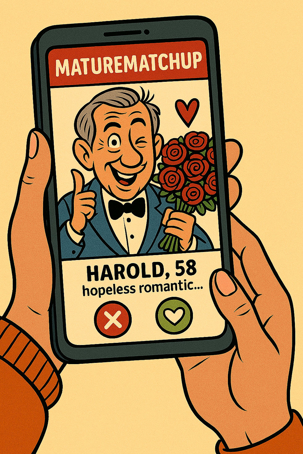 Cartoon of a dating app profile on a phone. A man in a tuxedo winks, holding roses. Text: "HAROLD, 58, hopeless romantic."