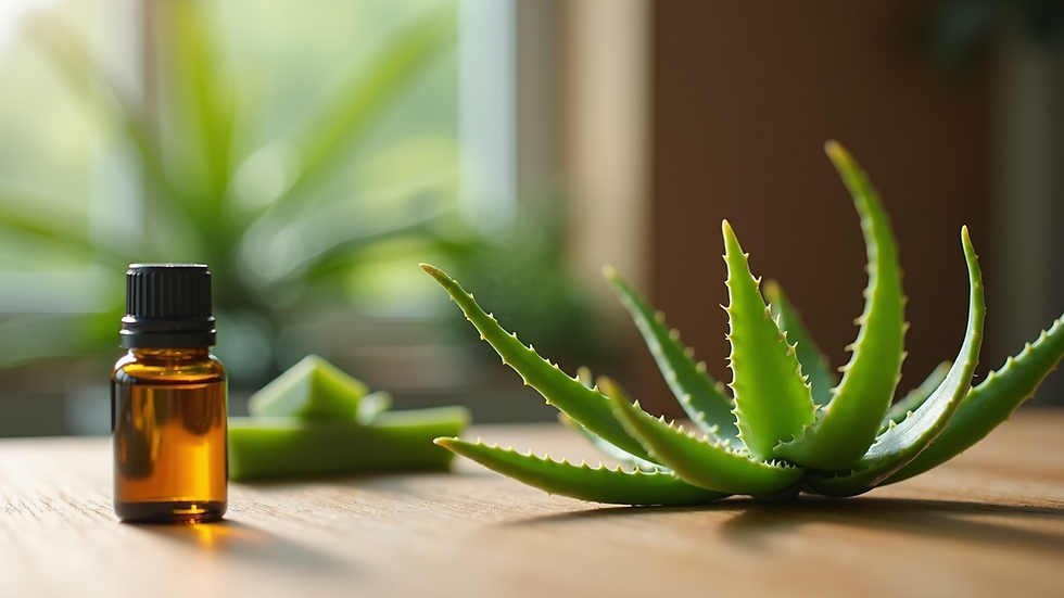Eye-level view of a bottle of essential oils and aloe vera plant on a wooden table