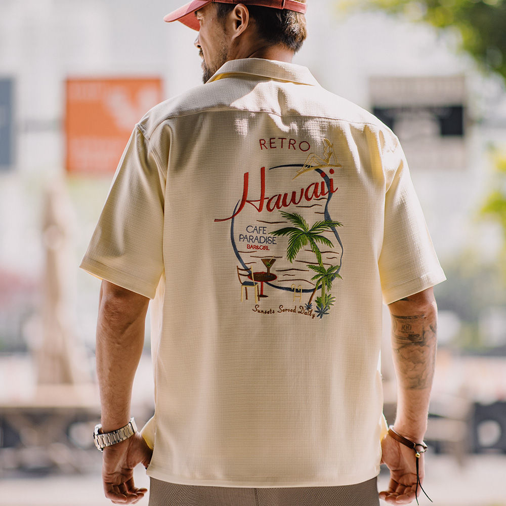 Maden Summer Hawaiian Embroidered Short Sleeve Shirt Men's Cuban Collar Lapel Dr