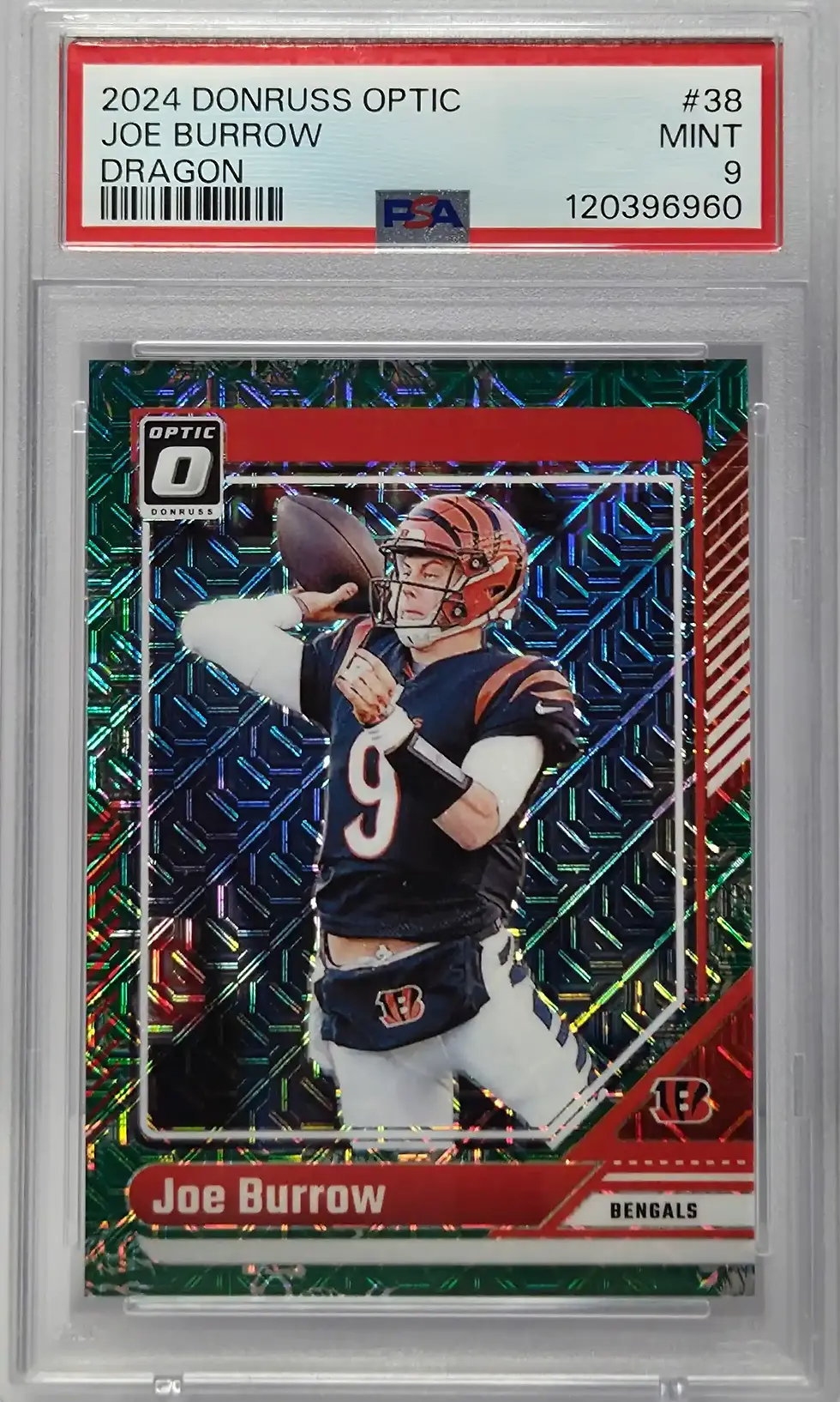 Front 2024 Donruss Optic Joe Burrow Dragon Mojo /24 PSA 9 Football Card