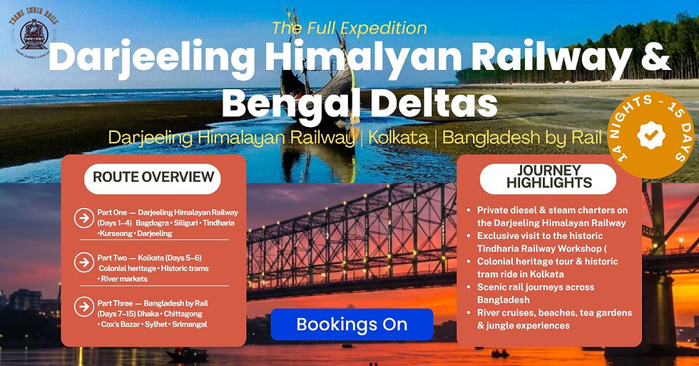 Travel poster for The Full Expedition: Darjeeling Himalayan Railway & Bengal Deltas, with beach, train and sunset bridge scenes.
