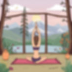 Illustration of a woman practicing yoga, overlooking the water