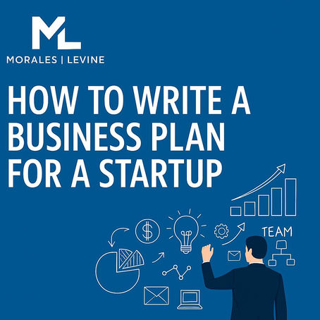 Modern graphic by Morales & Levine, P.A. illustrating how to write a business plan for a startup, featuring a professional figure sketching business icons like charts, graphs, and dollar signs on a deep blue background aligned with the firm’s brand. Ideal for Miami business law and startup legal planning.