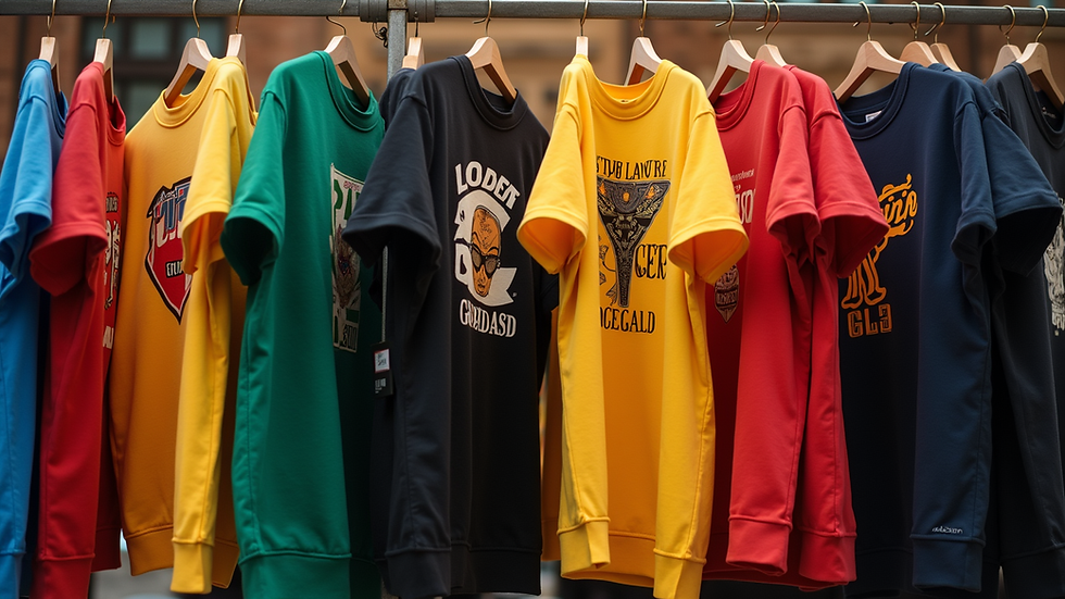 Eye-level view of a colorful display of unique tees and hoodies celebrating Black culture
