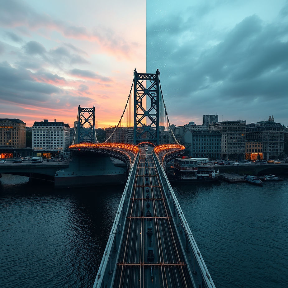 Illuminated bridge at dusk symbolizing the connection between AI solutions and meaningful transformation, capturing the transition from potential to innovation.