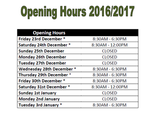 Christmas New Years Opening Hours 2016/17