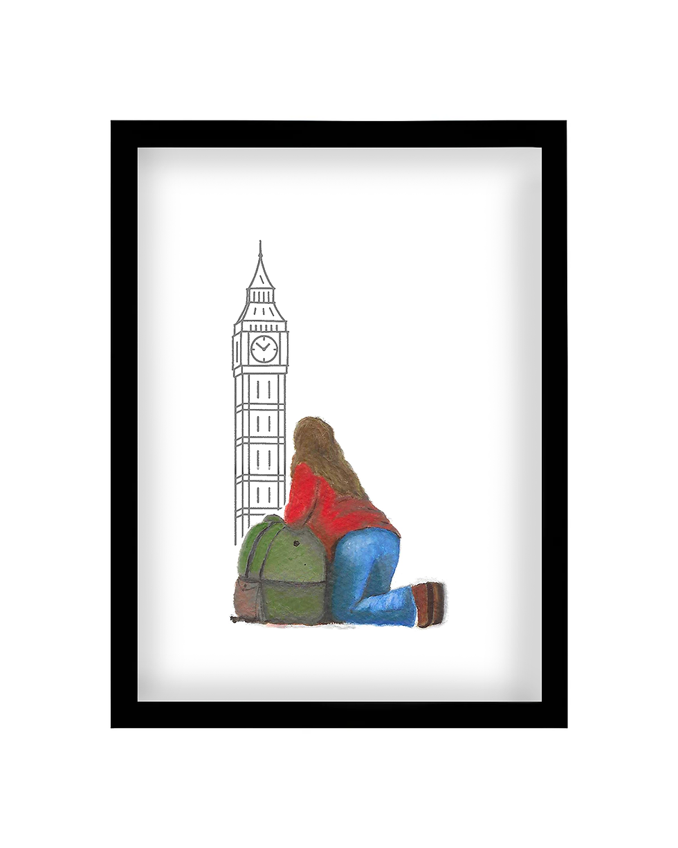 Miniatura: Obra de arte Menina com Mochila em Londres: viajante ajoelhada com mochila verde em frente ao Big Ben