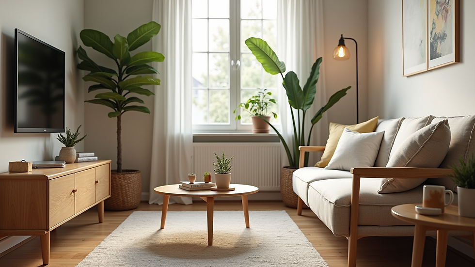 Eye-level view of a cozy living room with natural wood furniture and plants