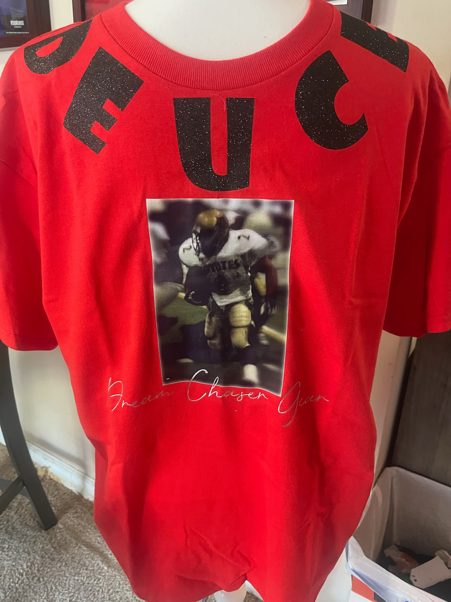 Red short sleeve tshirt with curved logo size L