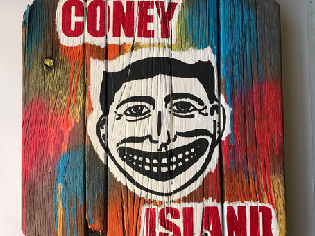 The latest masterpiece! Acrylic and spray-paint on genuine Coney Island board walk, salvaged after t