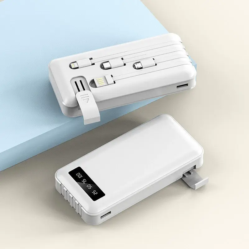 Power Bank Universal 20.000mAh branco com cabos integrados para celular