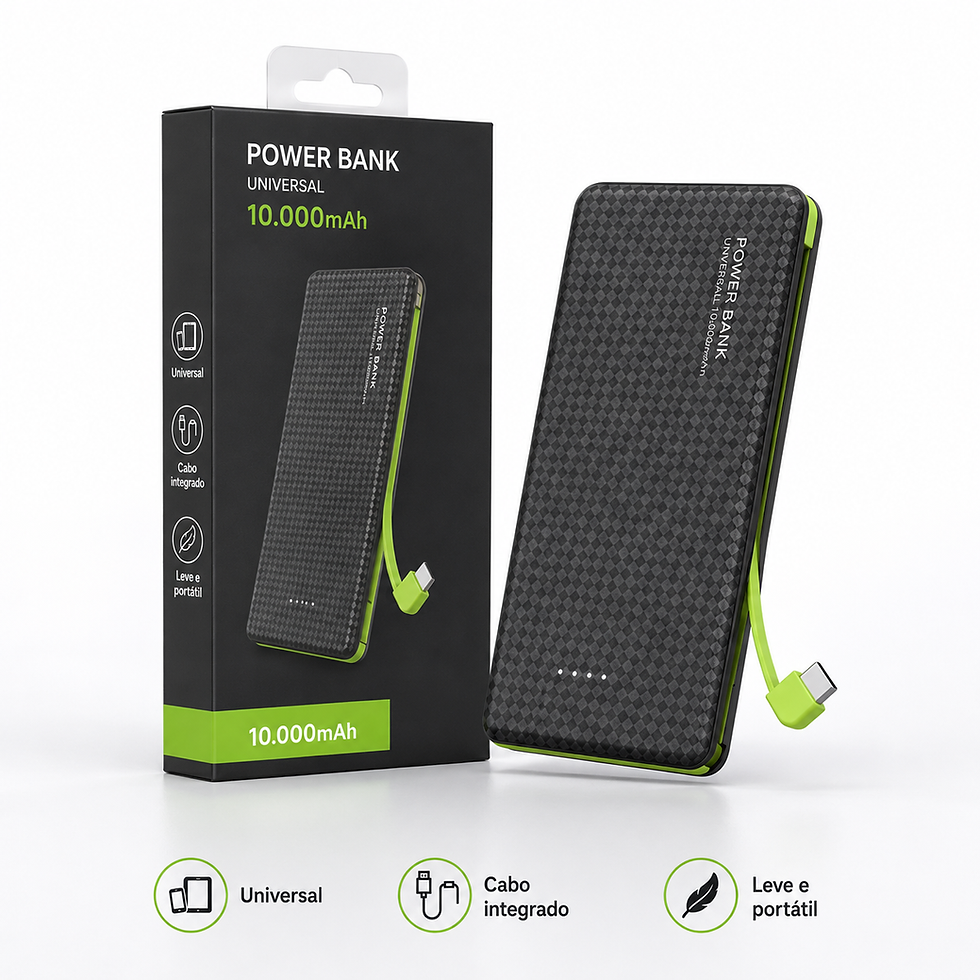 PowerBank Universal 5.000mAh preto com cabo integrado e embalagem