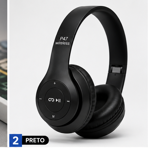 Headphone Bluetooth P47 preto sem fio com design dobrável e botões laterais