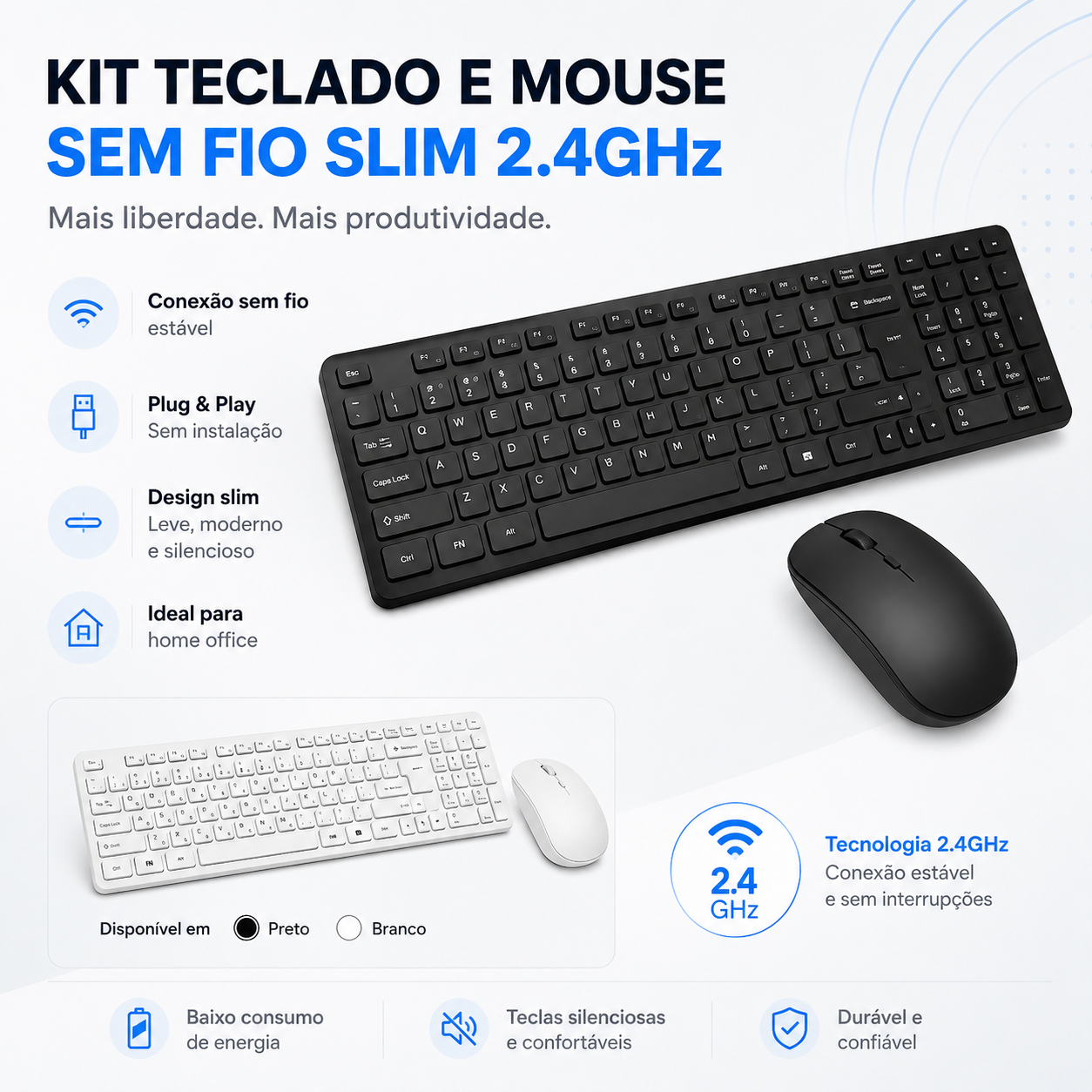 Kit Teclado e Mouse Sem Fio Slim 2.4GHz com design moderno e compacto