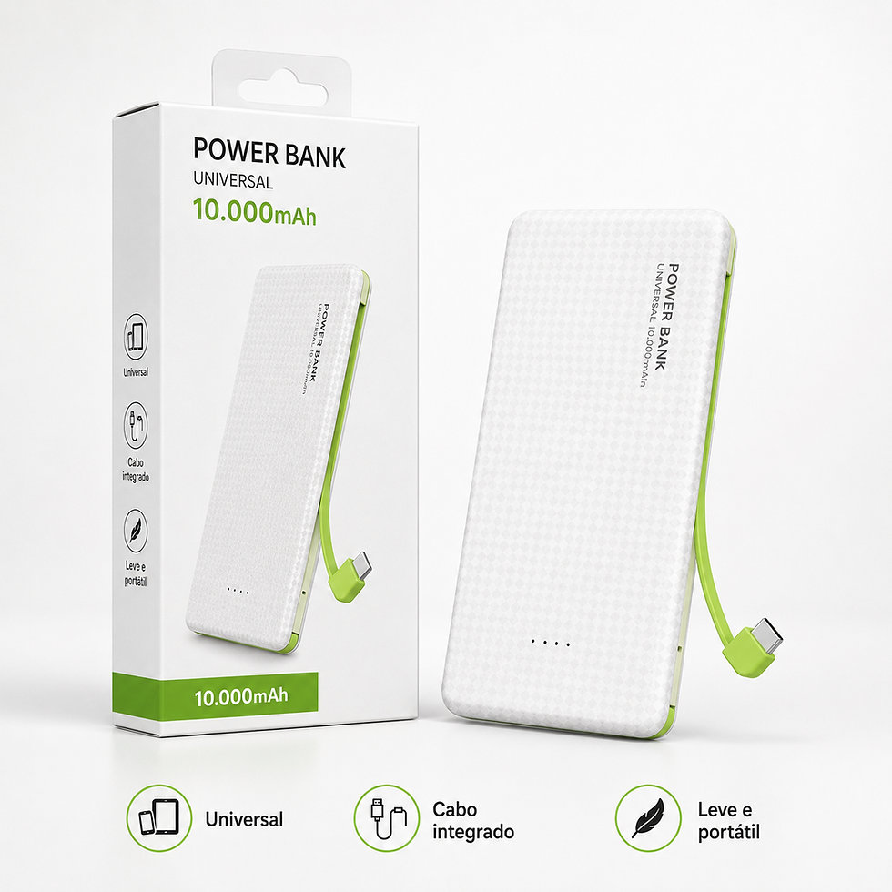 PowerBank Universal 5.000mAh preto com cabo integrado e embalagem