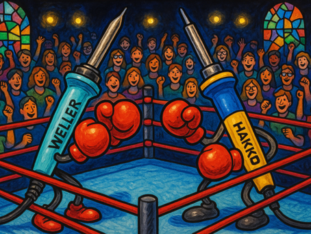 Weller vs. Hakko soldering irons boxing in a ring with a cheering crowd