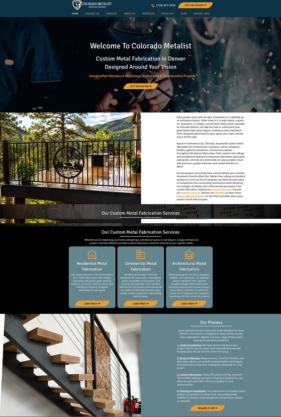 Colorado Metalist homepage with welding hero image, Welcome To Colorado Metalist and Let’s Get Started buttons, service cards, staircase photo