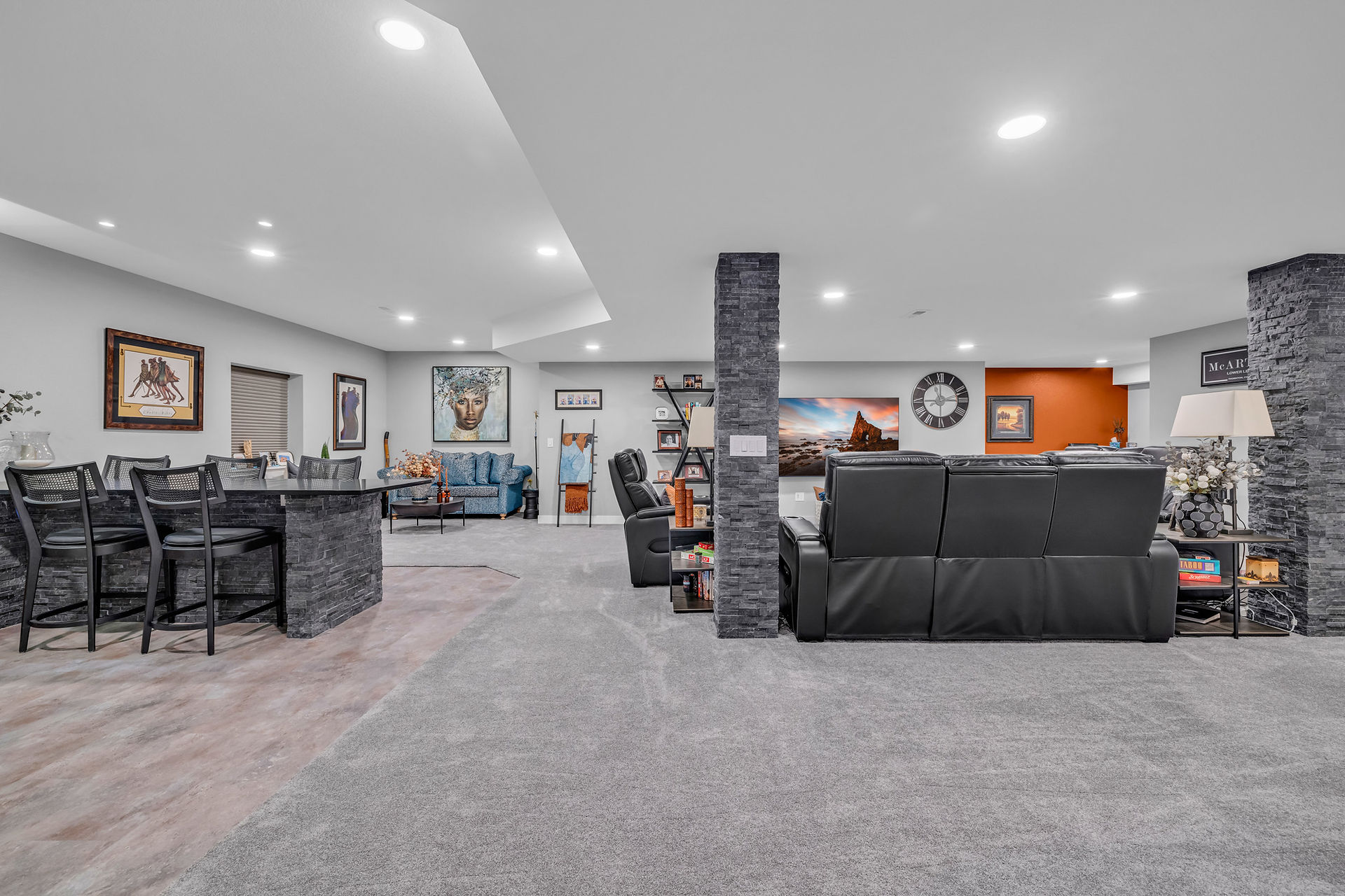 Entertaining space with bar seating and pendant lighting