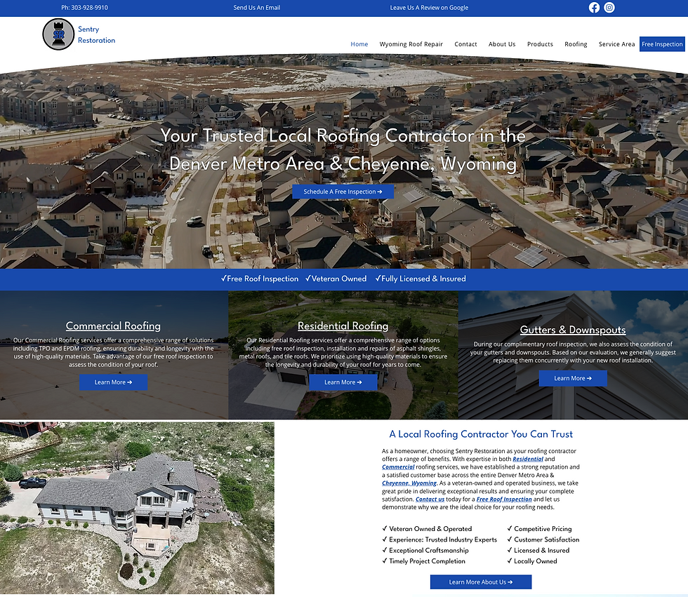 Sentry Restoration roofing homepage with aerial suburb photo, headline, Schedule A Free Inspection button, and service tiles.