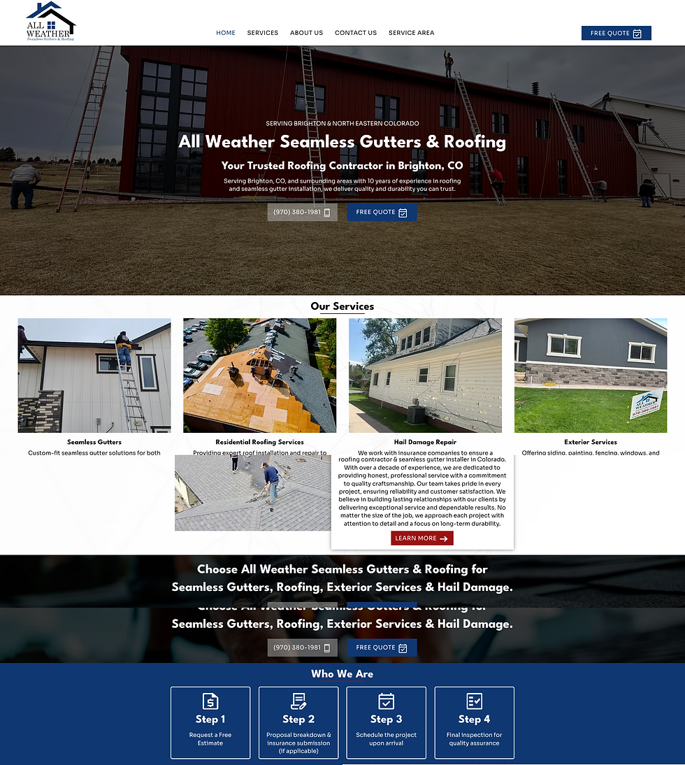 Roofing company homepage showing workers on ladders at a red building, service cards, and Free Quote buttons on a clean white-blue site.
