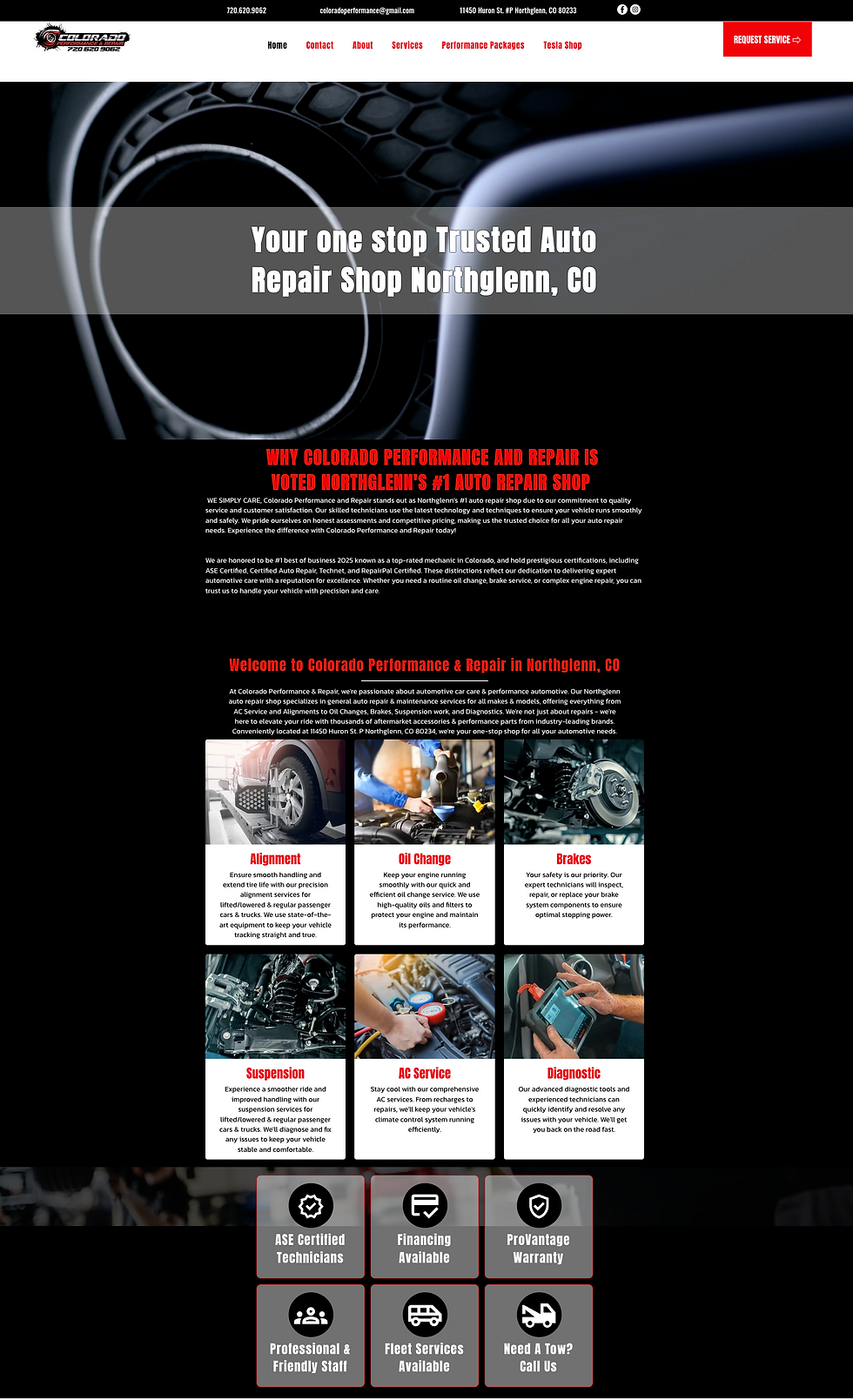 Auto repair shop homepage with red/black branding, service cards, and text: Your one stop Trusted Auto Repair Shop Northglenn, CO