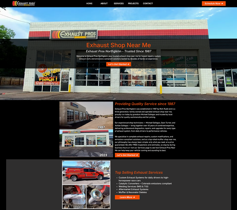 Exhaust Pros Northglenn website showing shop exterior, orange Exhaust Shop Near Me headline, and service sections.