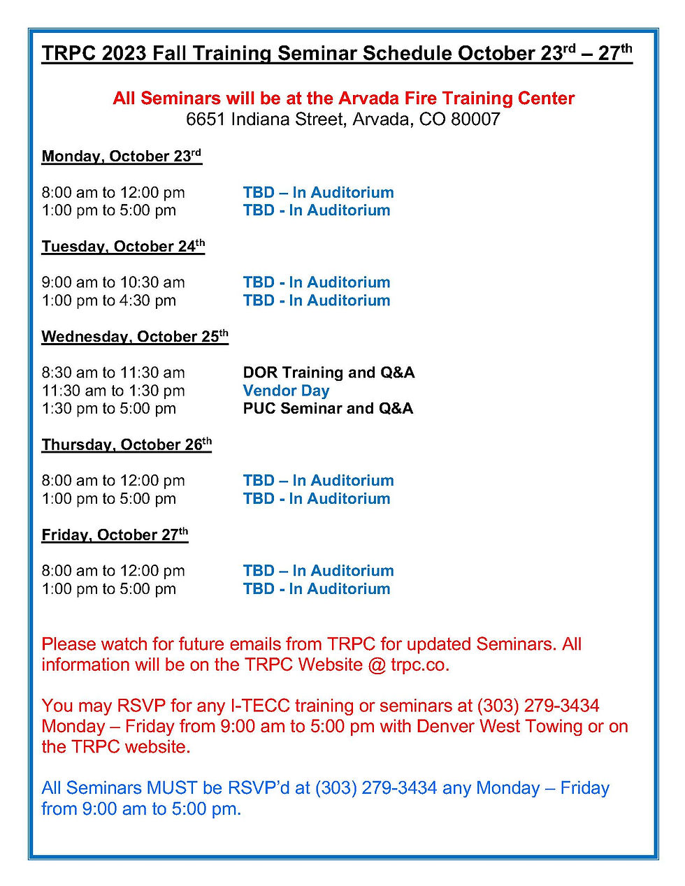 TRPC 2023 Fall Training Week Flier