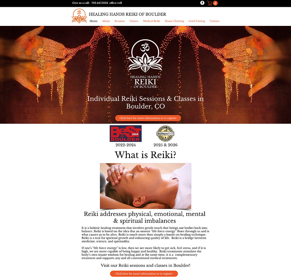Healing Hands Reiki of Boulder webpage with glowing hands, lotus logo, and woman receiving a Reiki treatment in Boulder, CO