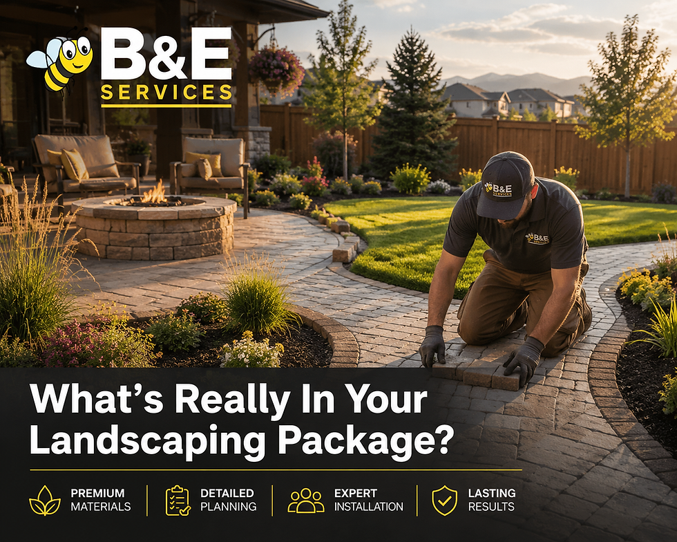 Landscaper kneels laying pavers in a backyard patio with fire pit; B&E Services ad reads What’s Really In Your Landscaping Package?