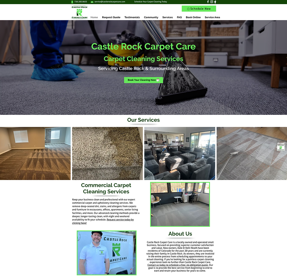 Castle Rock Carpet Care homepage shows a carpet cleaning wand on gray carpet with green Book Your Cleaning Now button and service menu.