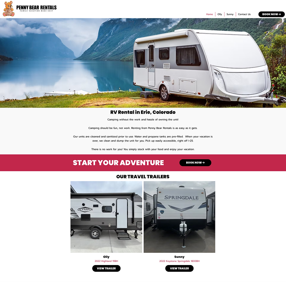 Penny Bear Rentals website showing a white RV by a mountain lake, with Book Now buttons and RV Rental in Erie, Colorado.